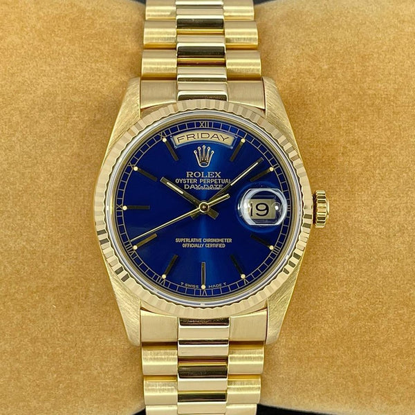 Rolex Day-Date 36 18238 Day-Date President Paper&Box 1990 Blue Dial 18K Y/G Serviced
