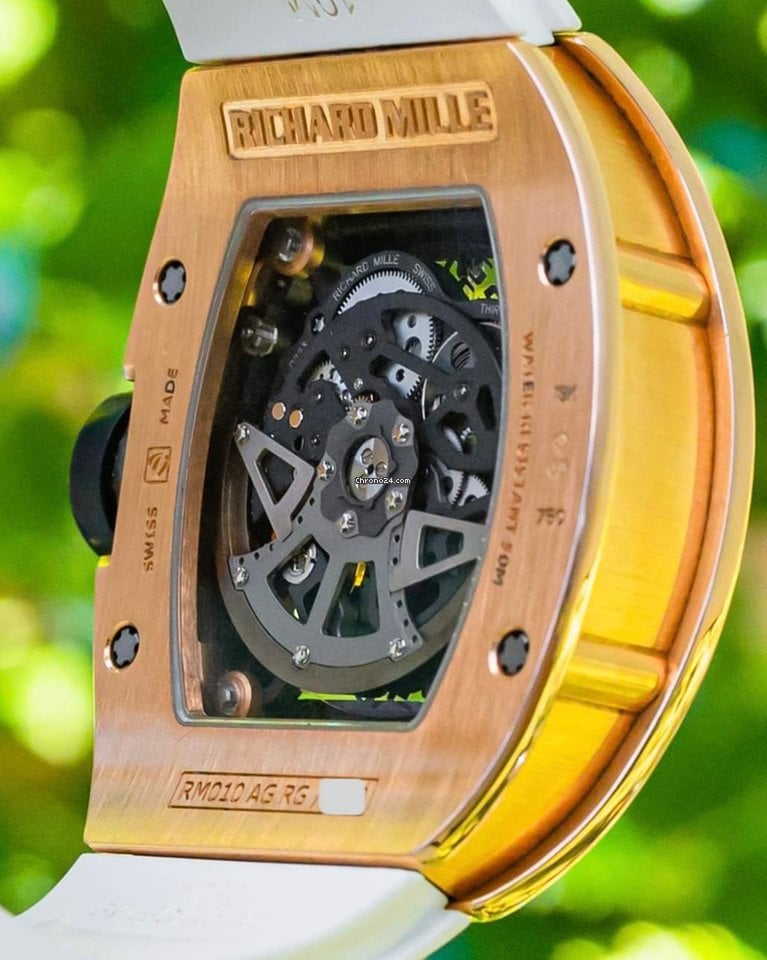 Richard Mille RM 010 Rose Gold Boxes White Rubber Deploy Clasp Automatic RM010 Selfwinding